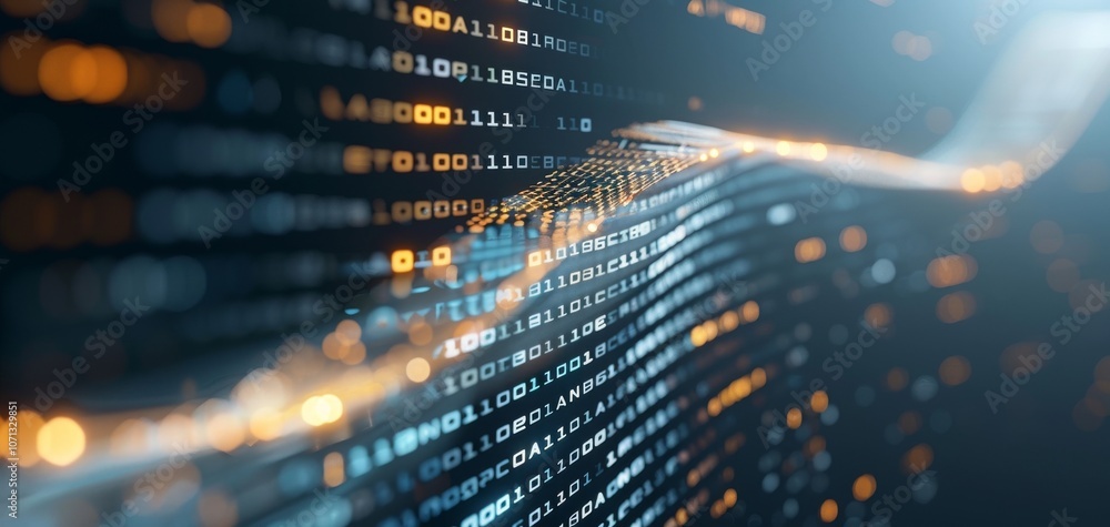 Poster Abstract representation of data flow with digital binary code in vibrant colors and light effects, conveying the concept of technology and information processing.