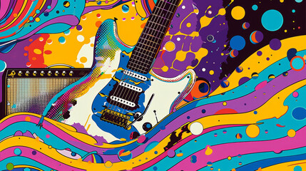 pop art 60s psychedelic colorful trippy retro style image of an electric guitar and amplifier with music coming out of it in fat colorful waves and dance party atmosphere background