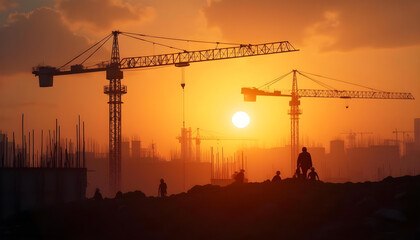 Construction site at sunset with cranes and silhouettes of workers. warm orange hues create dramatic atmosphere, highlighting bustling activity in urban development
