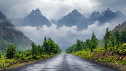 Naklejka premium Serene Road Through Misty Mountains and Lush Greenery