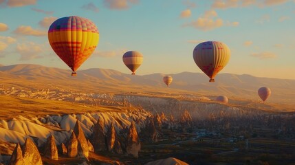 Obraz premium Colorful Hot Air Balloons in Scenic Landscape