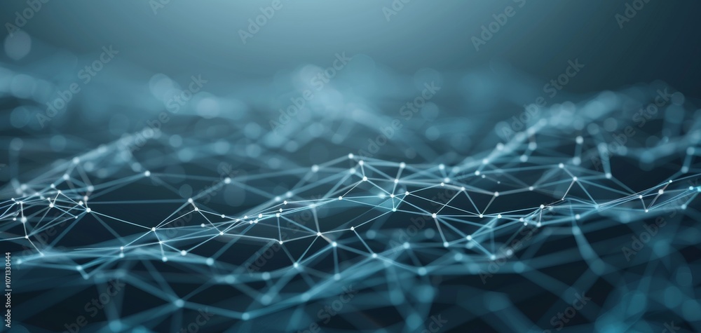 Poster Abstract digital landscape with glowing interconnected lines and nodes, representing data flow and network connections in a futuristic environment.