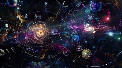 Obraz premium Future Universe Concept Map - a visionary and imaginative visual. The concept map depicts a futuristic universe, illustrating innovative ideas and celestial elements in a captivating manner.