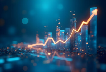 digital representation of rising graph over city skyline, symbolizing growth and progress in business and finance. vibrant colors create dynamic atmosphere