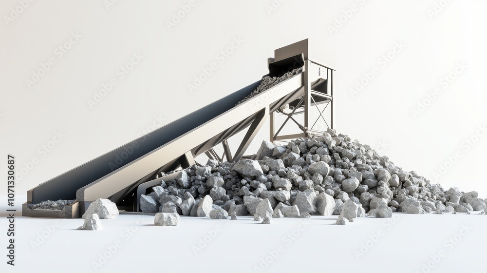 Poster conveyor belt and stone pile: a 3d rendering of a conveyor belt system transporting a pile of stones