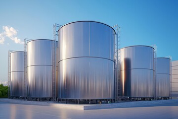 Fototapeta premium The image features large, shiny silver storage tanks set against a blue sky, showcasing a modern industrial environment.