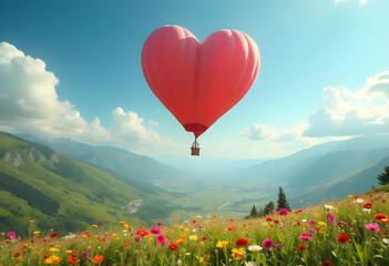 Fototapeta premium vibrant hot air balloon in shape of heart floats above colorful flower field, surrounded by lush green mountains and clear blue sky, evoking sense of joy and adventure