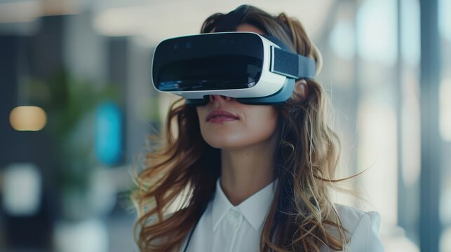 Woman using virtual reality headset in modern office environment - Powered by Adobe