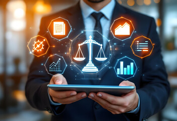 Businessman holding tablet with legal icons, data analysis, and graphs, symbolizing justice and technology in law. modern approach to legal services