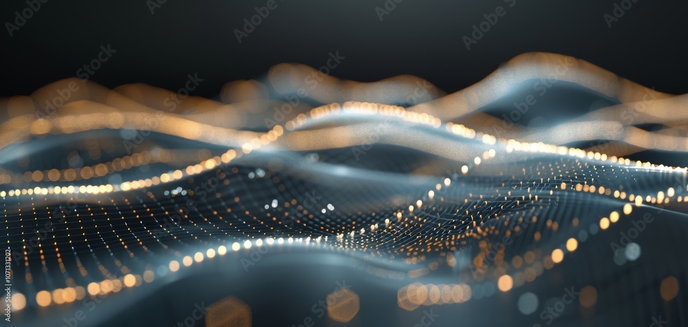 Poster Abstract digital landscape with flowing waves of light and data particles, creating a dynamic visual representation of technology and innovation.