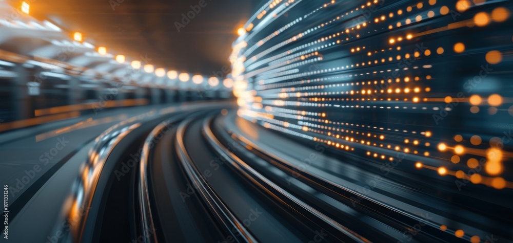 Aufkleber Dynamic motion blur of a subway tunnel showcasing illuminated lights and curved tracks, emphasizing speed and modern transport.