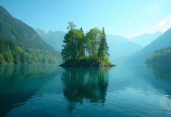 Fototapeta premium serene lake with small island surrounded by lush green trees and mountains in background creates tranquil atmosphere. calm water reflects vibrant greenery and blue sky beautifully