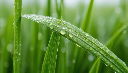 Naklejka premium A close-up image of dew-covered green grass, showcasing vibrant blades and droplets reflecting light, conveying freshness and natural beauty.