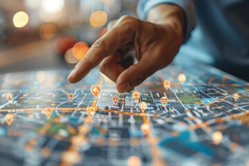 Naklejka premium Hand interacting with interactive city map on digital screen, concept of navigation and location tracking