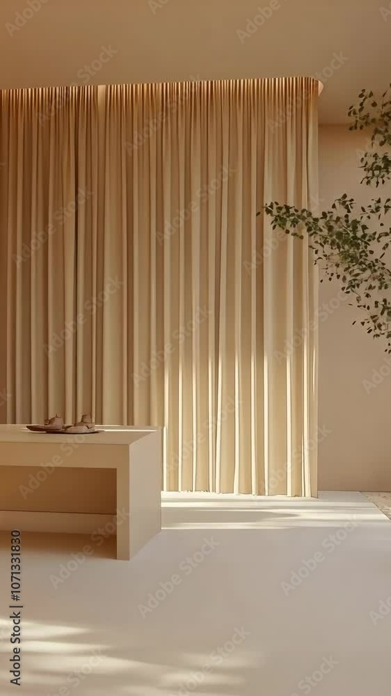 Poster sunlight streams through the sheer curtains in a minimalist room, creating a warm and inviting atmos