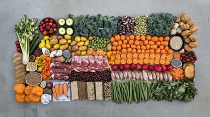 Colorful array of fresh fruits, vegetables, and meats on a rustic table