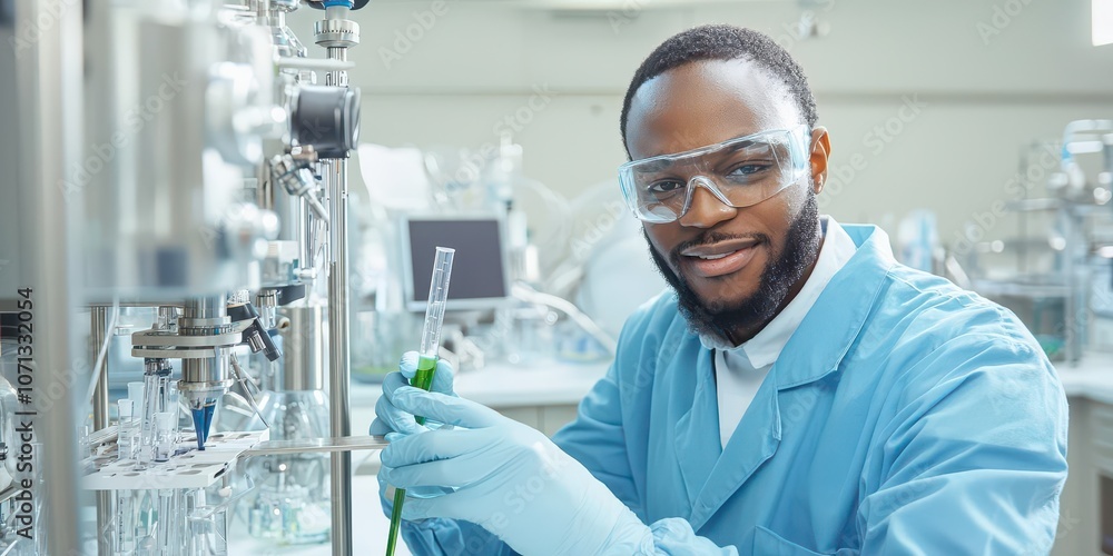 Poster a smiling scientist in a lab coat conducts experiments with lab equipment, emphasizing professionali