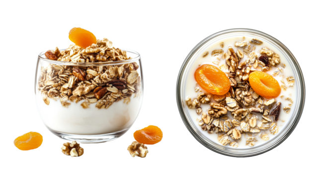 Glass bowl filled with coconut milk and muesli