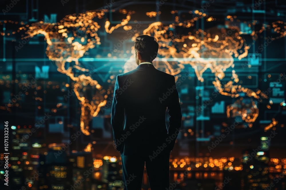 Poster businessman strategizing global operations with illuminated world map in futuristic setting