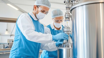 Two lab technicians in protective gear work meticulously with laboratory equipment in a clean, modern environment.