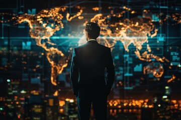 Businessman strategizing global operations with illuminated world map in futuristic setting