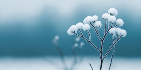 A delicate, icy plant with fluffy white buds stands against a soft, blurred blue background, showcasing winter's tranquil beauty.