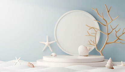 Minimalist display featuring a round mirror, shells, and branches against a soft blue background, ideal for showcasing products or decoration themes.