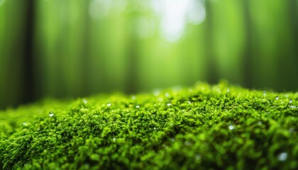 Naklejka premium A close-up view of vibrant moss covering a surface, surrounded by a soft-focus green background, creating a serene and natural ambiance.