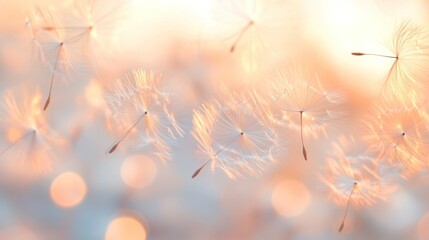 Ethereal background of blurred dandelion seeds floating in breeze, delicate dreamy effect. Nature