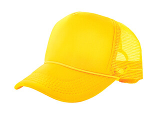 Yellow trucker cap isolated on white background, perfect for branding and promotional design.