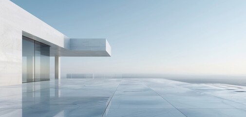 Fototapeta premium Modern architectural design featuring a minimalist structure with a glass facade and an expansive outdoor deck, set against a clear blue sky.