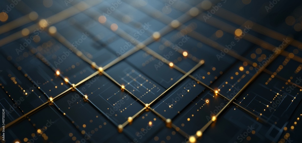 Poster Abstract close-up of a futuristic circuit board with glowing lines and nodes, set against a dark background. This image evokes a sense of advanced technology and innovation.