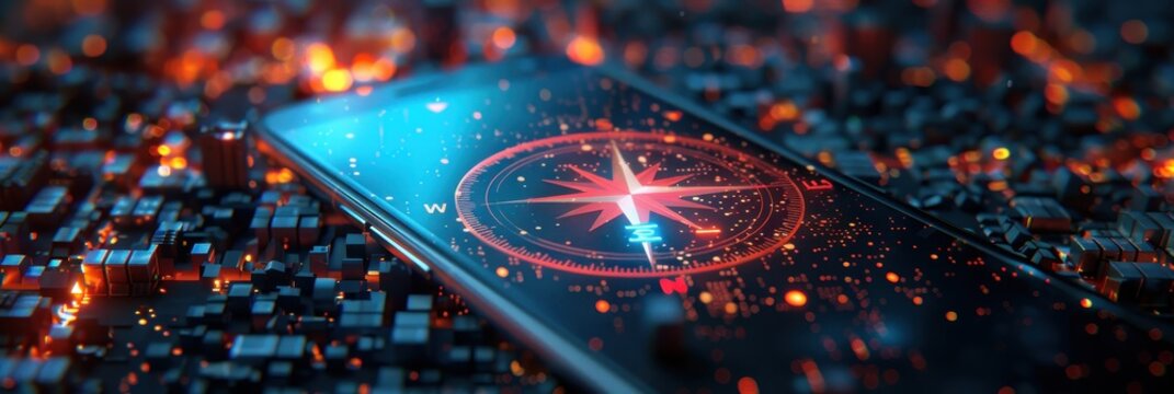 Digital Compass on Smartphone with Futuristic Neon Cityscape Background