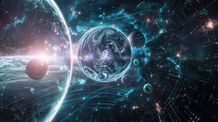 Obraz premium Future Universe Concept Map - a visionary and imaginative visual. The concept map depicts a futuristic universe, illustrating innovative ideas and celestial elements in a captivating manner.