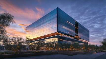 Fototapeta premium Modern glass office building with a reflecting sky and sunset in the background.