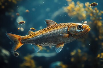 Fototapeta premium Silver Herring Swimming in Blue Water - Ultra-Realistic Photography
