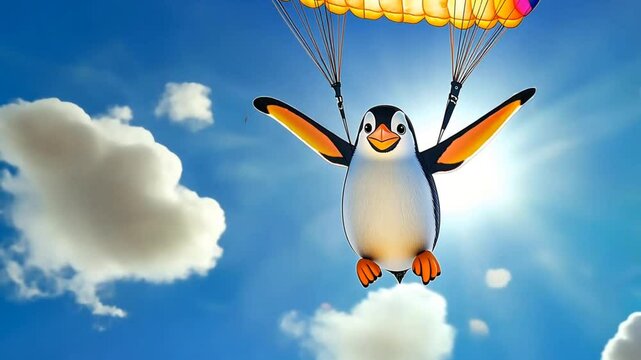A penguin skydiving with a colorful parachute.