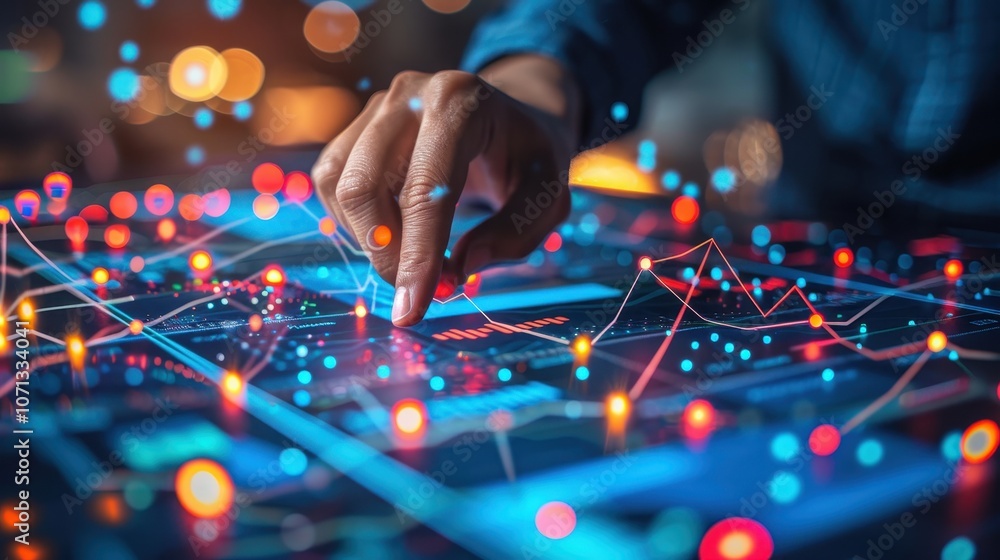Aufkleber hand interacting with digital financial data and analytics display with futuristic visuals