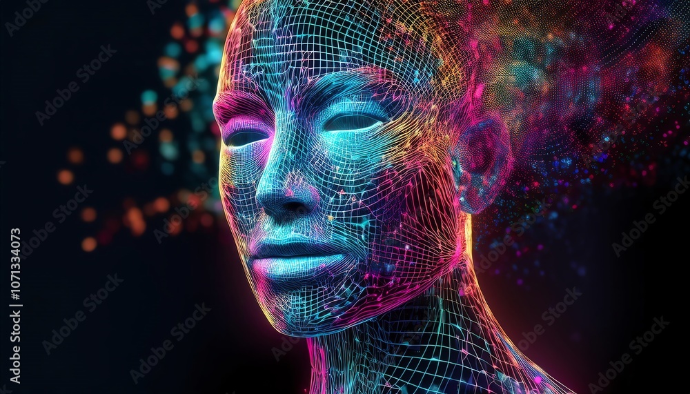 Poster a futuristic representation of a face made up of glowing particles, symbolizing digital consciousnes