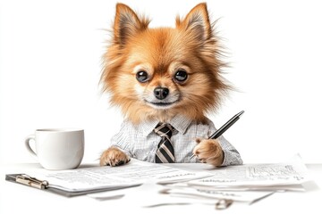 A cute dog in a business suit with a cup of coffee and documents at his desk.