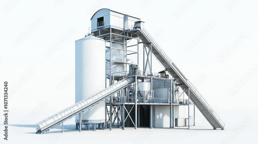 Poster industrial silo and conveyor system: a detailed 3d rendering of a modern industrial silo and conveyo