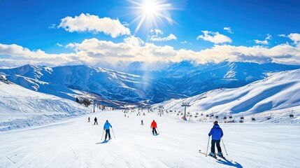 Sunny Ski Day in Majestic Snowy Mountains
