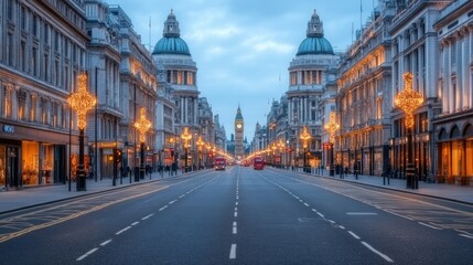 Naklejka premium Empty street with Big Ben in the background during the evening.