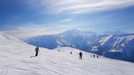 Skiers Enjoying Sunny Day in Snowy Mountains