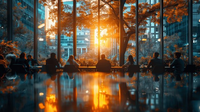 Office team meeting with blurred background and glass wall - Powered by Adobe