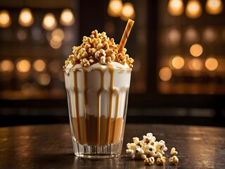 Caramel Popcorn Milkshake with Whipped Cream on Wooden Table