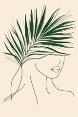 Naklejka premium A minimal single line art of a woman with fanning palm fronds framing her head, representing relaxation and warmth, hand-drawn style minimalist line art, beige colors and deep green tones