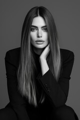 portrait woman with makeup and a fashionable hairstyle poses in studio