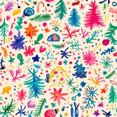 Abstract seamless pattern Christmas watercolor big colorful doodles