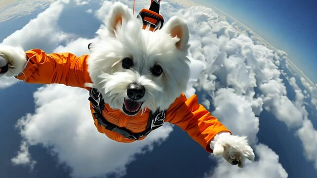 A white dog in an orange jumpsuit skydiving with a happy expression.